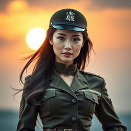 A beautiful Chinese female soldier with striking features and a confident stance, showcasing her stunning figure