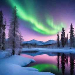 A serene Alaska winter landscape featuring snow-laden trees against the backdrop of a twilight sky