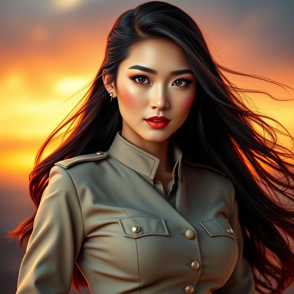 A beautiful Chinese female soldier with striking features and a confident stance, showcasing her stunning figure