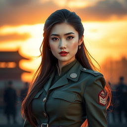 A beautiful Chinese female soldier with striking features and a confident stance, showcasing her stunning figure