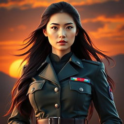 A beautiful Chinese female soldier with striking features and a confident stance, showcasing her stunning figure