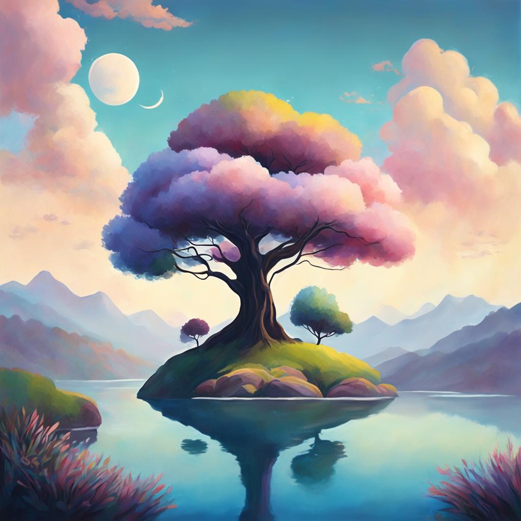 A Studio Ghibli-style abstract landscape featuring a whimsical tree on a hill, a serene lake, a pastel sky with floating islands and gravity-defying river, all imbued with a sense of tranquility and magic