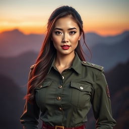A stunning and attractive Chinese female soldier, exuding confidence and charm