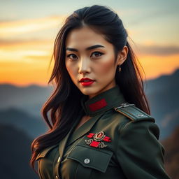 A stunning and attractive Chinese female soldier, exuding confidence and charm