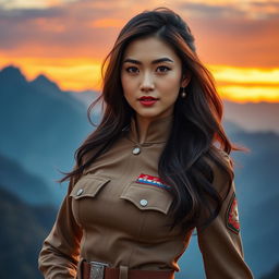A stunning and attractive Chinese female soldier, exuding confidence and charm