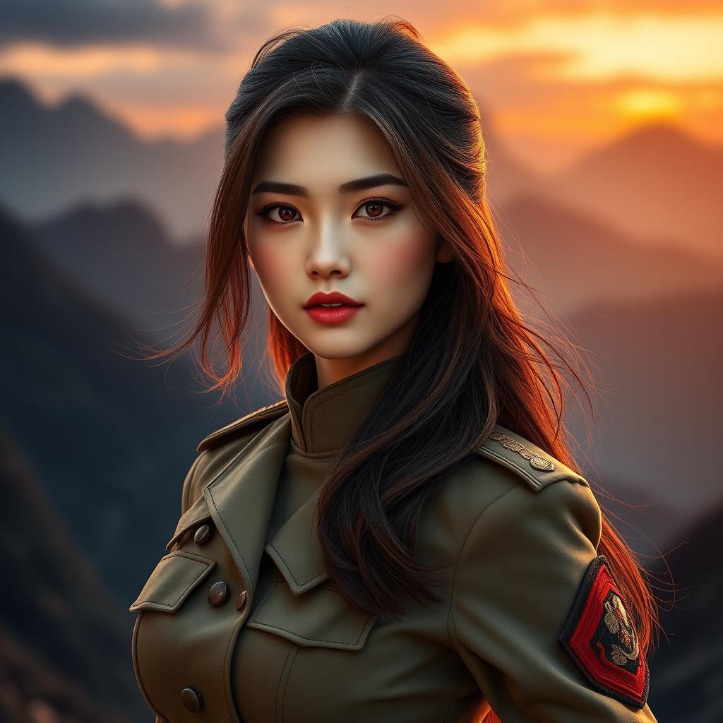 A stunning and attractive Chinese female soldier, exuding confidence and charm