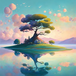 A Studio Ghibli-style abstract landscape featuring a whimsical tree on a hill, a serene lake, a pastel sky with floating islands and gravity-defying river, all imbued with a sense of tranquility and magic