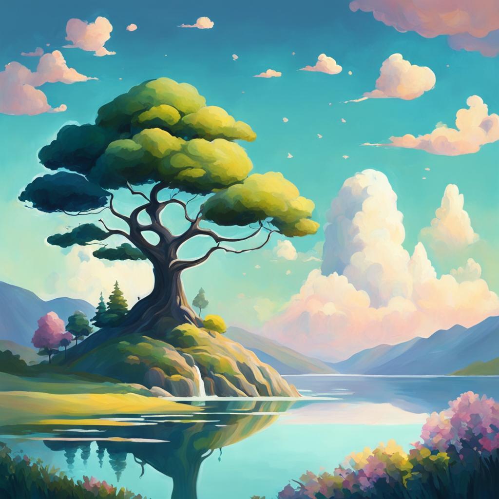 A Studio Ghibli-style abstract landscape featuring a whimsical tree on a hill, a serene lake, a pastel sky with floating islands and gravity-defying river, all imbued with a sense of tranquility and magic