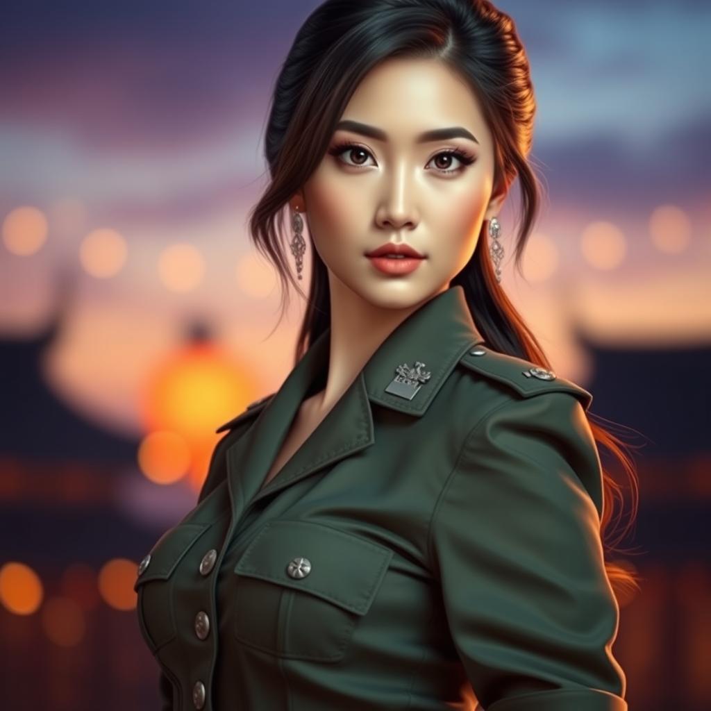 A captivating and attractive Chinese female soldier with a charming and seductive expression