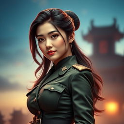 A captivating and attractive Chinese female soldier with a charming and seductive expression