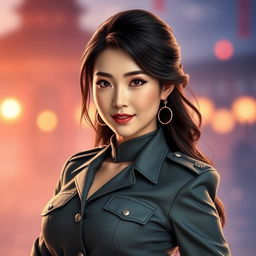 A captivating and attractive Chinese female soldier with a charming and seductive expression