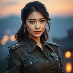 A captivating and attractive Chinese female soldier with a charming and seductive expression