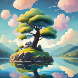 A Studio Ghibli-style abstract landscape featuring a whimsical tree on a hill, a serene lake, a pastel sky with floating islands and gravity-defying river, all imbued with a sense of tranquility and magic