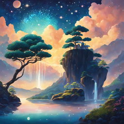 A dreamy Studio Ghibli-style abstract landscape with a glowing tree, a shimmering lake under a starlit sky, floating islands with cascading waterfalls, and a gravity-defying river flowing into the cosmos