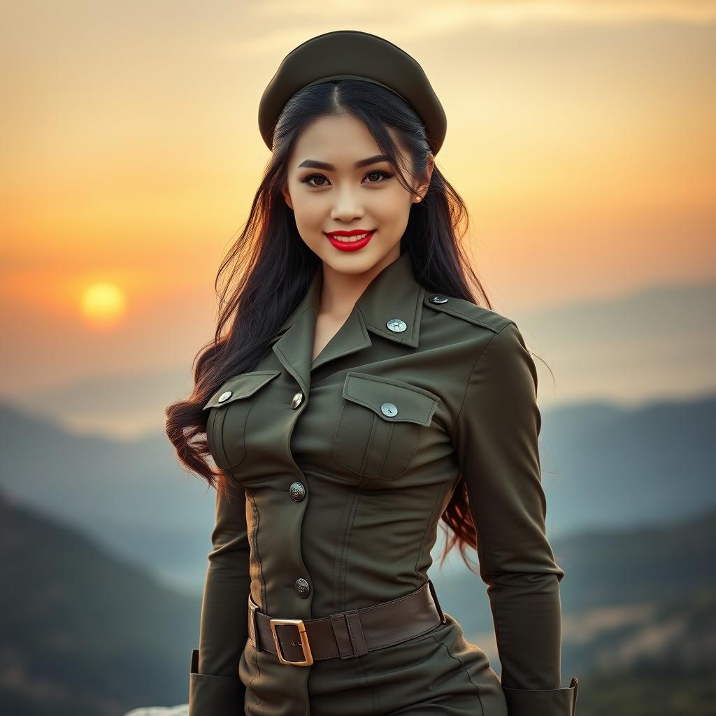 A stunning and alluring Chinese female soldier, embodying both beauty and strength