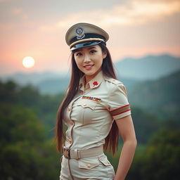 A stunning and alluring Chinese female soldier, embodying both beauty and strength