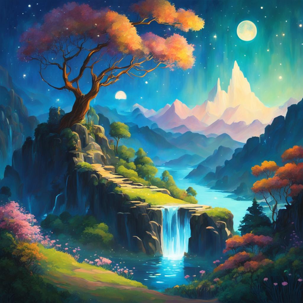 A dreamy Studio Ghibli-style abstract landscape with a glowing tree, a shimmering lake under a starlit sky, floating islands with cascading waterfalls, and a gravity-defying river flowing into the cosmos