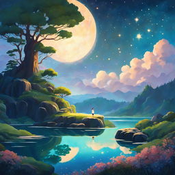 A dreamy Studio Ghibli-style abstract landscape with a glowing tree, a shimmering lake under a starlit sky, floating islands with cascading waterfalls, and a gravity-defying river flowing into the cosmos