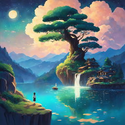 A dreamy Studio Ghibli-style abstract landscape with a glowing tree, a shimmering lake under a starlit sky, floating islands with cascading waterfalls, and a gravity-defying river flowing into the cosmos