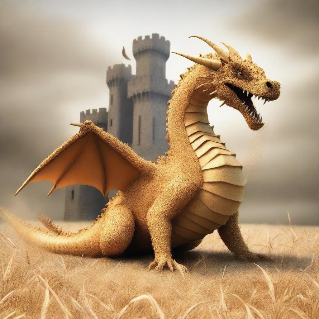 A dragon made of wheat destroying a castle.