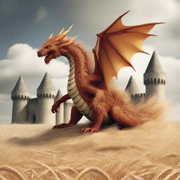 A dragon made of wheat destroying a castle.