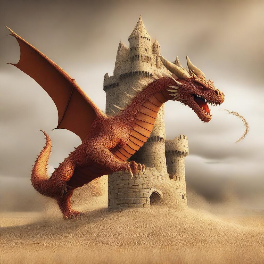 A dragon made of wheat destroying a castle.