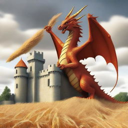 A dragon made of wheat destroying a castle.