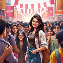 An artistic representation of a crowded public scene featuring a confident Indian celebrity girl being admired by a group of fans