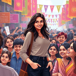 An artistic representation of a crowded public scene featuring a confident Indian celebrity girl being admired by a group of fans