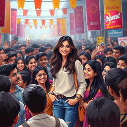 An artistic representation of a crowded public scene featuring a confident Indian celebrity girl being admired by a group of fans