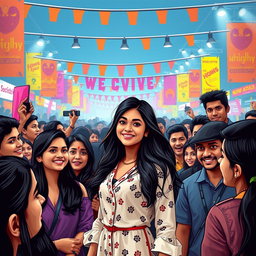 An artistic representation of a crowded public scene featuring a confident Indian celebrity girl being admired by a group of fans