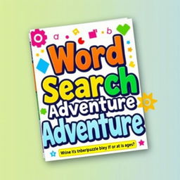 A vibrant and colorful book cover for a word search book, featuring bold typography and a playful design