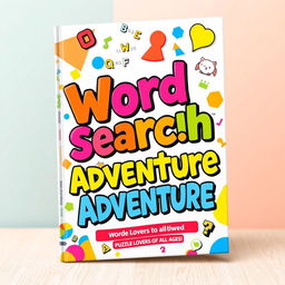 A vibrant and colorful book cover for a word search book, featuring bold typography and a playful design