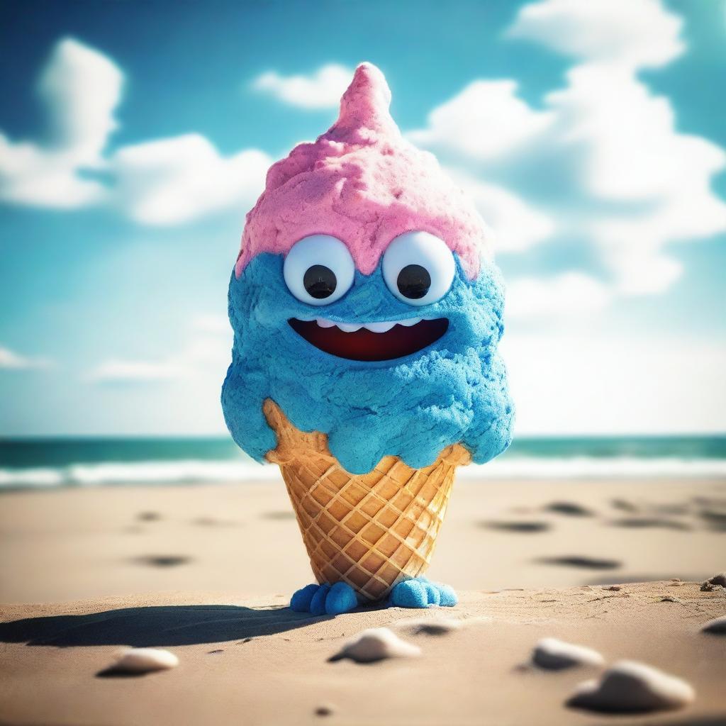 An ice cream monster on a sunny beach