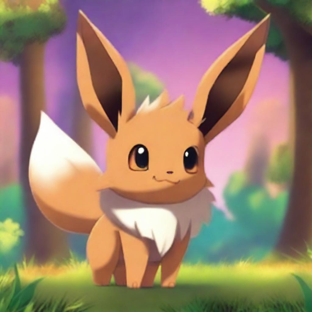 A charming Eevee from Pokemon, standing in a playful pose in a vibrant forest setting during sunset.