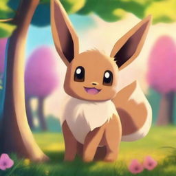 A charming Eevee from Pokemon, standing in a playful pose in a vibrant forest setting during sunset.