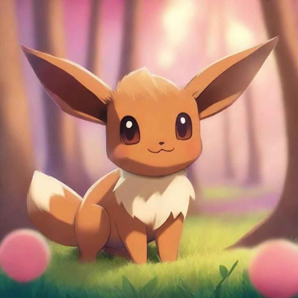 A charming Eevee from Pokemon, standing in a playful pose in a vibrant forest setting during sunset.