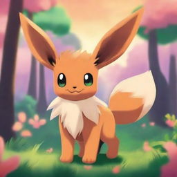 A charming Eevee from Pokemon, standing in a playful pose in a vibrant forest setting during sunset.