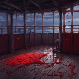 Continue the Makoto Shinkai-inspired illustration with the next segment of the poem. Picture a somber scene on the ship's deck where the fallen captain lies still and lifeless, signified by symbolic bleeding drops of red.