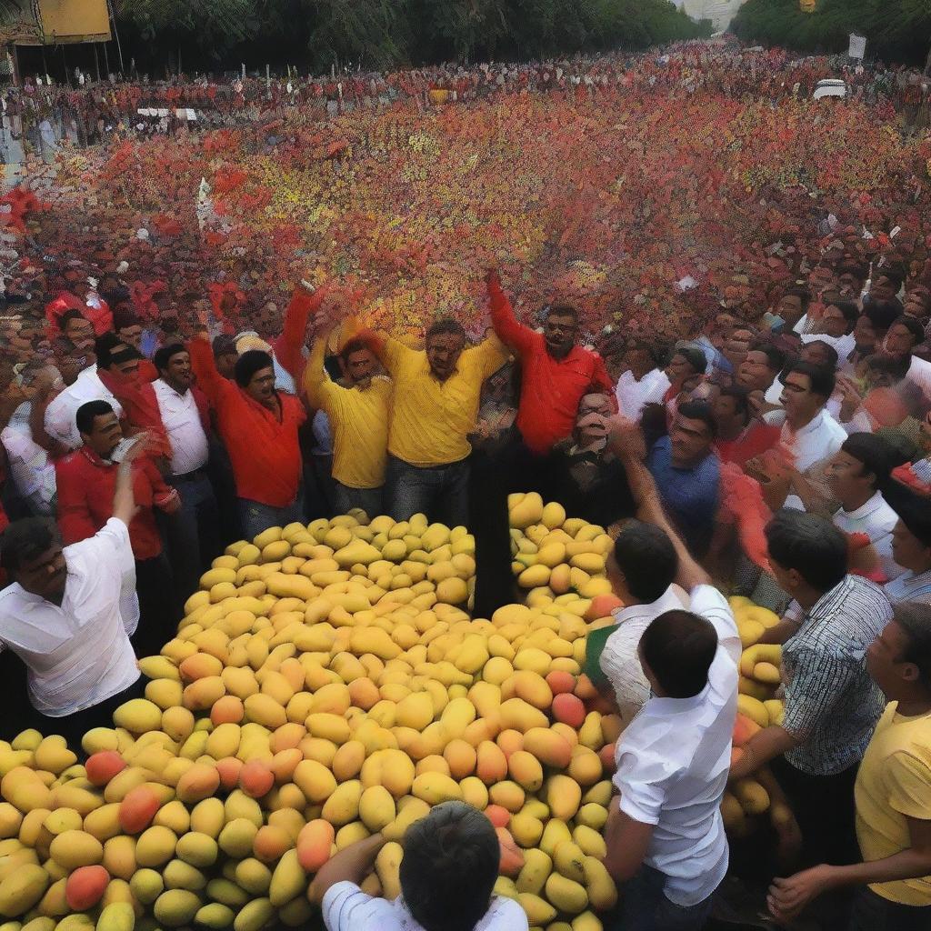 A scene where people in a public square are throwing mangos at a Venezuelan leader named Maduro, displaying their political dissent