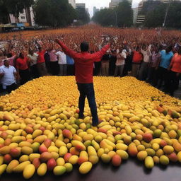 A scene where people in a public square are throwing mangos at a Venezuelan leader named Maduro, displaying their political dissent