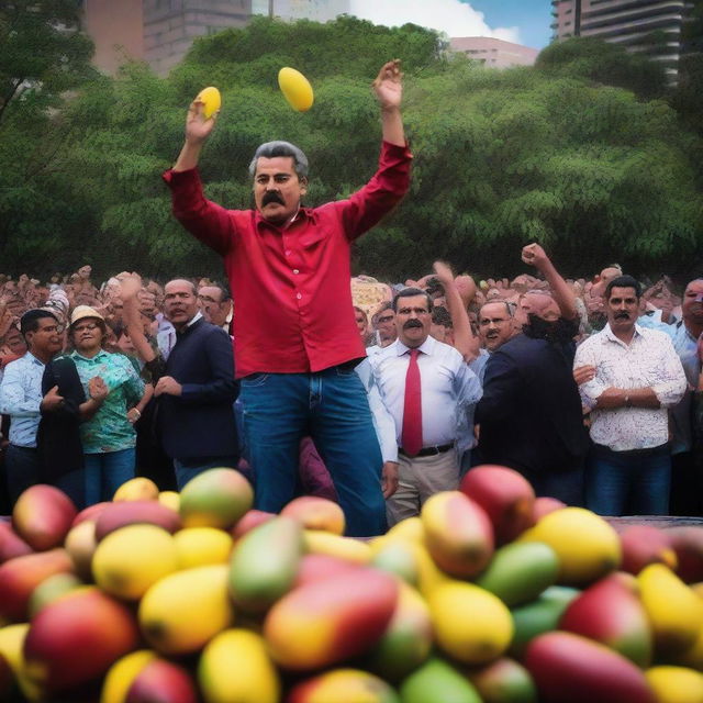 A scene where people in a public square are throwing mangos at a Venezuelan leader named Maduro, displaying their political dissent