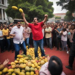 A scene where people in a public square are throwing mangos at a Venezuelan leader named Maduro, displaying their political dissent