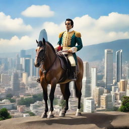 A reincarnated Simon Bolivar strolling through modern-day Caracas, filled with skyscrapers and bustling life.