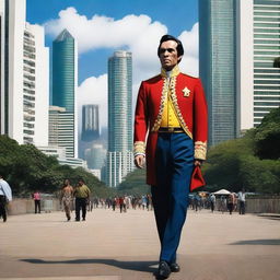 A reincarnated Simon Bolivar strolling through modern-day Caracas, filled with skyscrapers and bustling life.