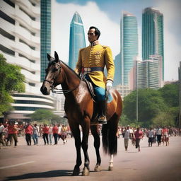 A reincarnated Simon Bolivar strolling through modern-day Caracas, filled with skyscrapers and bustling life.