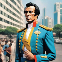 A reincarnated Simon Bolivar strolling through modern-day Caracas, filled with skyscrapers and bustling life.