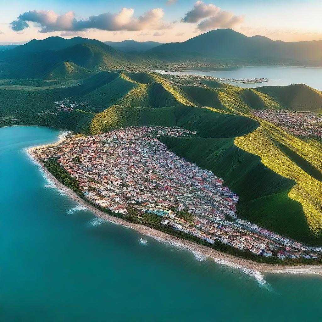 A breathtaking aerial view of Cumana, Venezuela, capturing the vibrant cityscape, azure waters, and surrounding lush mountains during sunset