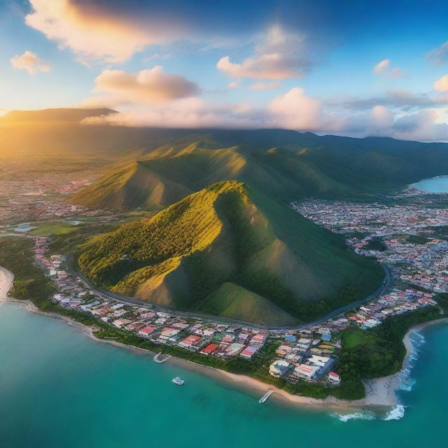 A breathtaking aerial view of Cumana, Venezuela, capturing the vibrant cityscape, azure waters, and surrounding lush mountains during sunset