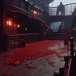 Continue the Makoto Shinkai-inspired illustration with the next segment of the poem. Picture a somber scene on the ship's deck where the fallen captain lies still and lifeless, signified by symbolic bleeding drops of red.